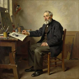 a old man sitting on a chair in his workshop, oil painting, art by j. c. leyendecker
