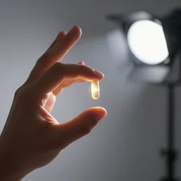 photo still of a hand holding a small glowing pill, 8 k, studio lighting bright ambient lighting key light, 8 5 mm f 1. 8