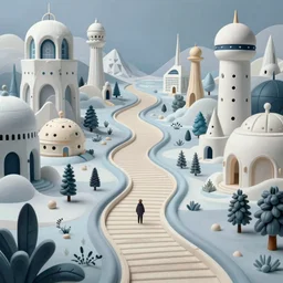 an epic beguiling mysterious masterpiece fantasy matte painting of an impossible path winding through arctic dream worlds with surreal architecture designed by heironymous bosch, structures inspired by heironymous bosch's garden of earthly delights, surreal ice interiors by cyril rolando and asher durand and natalie shau, insanely detailed, whimsical, intricate, sharp focus