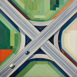 a beautiful bauhaus painting by mike hernandez of a top view of a complex highway intersection, color bleeding, pixel sorting, brushstrokes by jeremy mann, zenith lighting, square shapes by mondrian