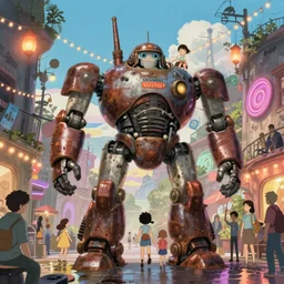 memorable animation key shot, anime movie screenshot, kids climbing up the giant rusty robot submarine schwerer gustav!!!!, festoon lights, neon, dim lanterns, grafitti, wet reflections, ghibli, themepark, by mandy jurgens, by satoshi kon, nc wyeth, ilya repin, lena aenami, daylight pastel color palette