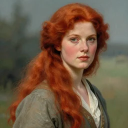 Red haired Swiss german woman, highly detailed, in the style of romanticism, cinematic, artstation, Moebius