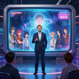hardmesh retro futurist post - hyper - tv showing galactic newscast, holographic dictor, intergalactic news, hyper realistic, official fanart behance hd artstation by jesper ejsing, by rhads, makoto shinkai and lois van baarle, ilya kuvshinov, ossdraws, feng zhu and loish and laurie greasley, victo ngai