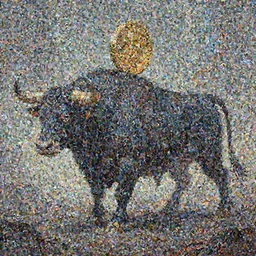 a painting of a bull with a gold coin on its back, cyberpunk art by Mike 'Beeple' Winkelmann, instagram contest winner, fantasy art, art on instagram, concept art, dystopian art