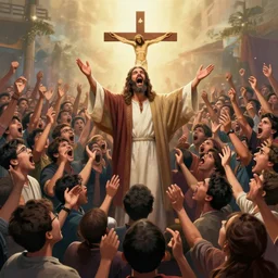 large crowd of discord users frantically shouting at god - like superhuman ai giving sermon on the mount, the individual elements of the image come together to create a singular larger image of the god - like superhuman ai in the style of octavio ocampo
