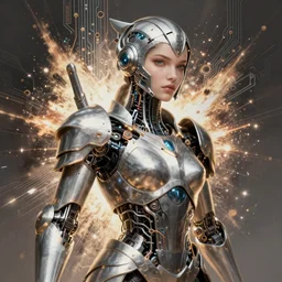 Anfas portrait of a mech warrior , female, fantasy, circuitry, explosion, dramatic, intricate, elegant, highly detailed, digital painting, artstation, concept art, smooth, sharp focus, illustration, art by Gustave Dore, octane render
