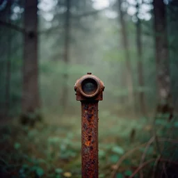 lomo photograph of rusting in a dense forest, out of focus, dramatic lighting, day, grainy, fog