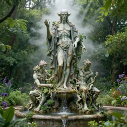 a statue of nyarlathotep and cthulhu atop a fountain in a lush dense verdant garden by ford madox brown and william etty and ferdinand knab and gil elvgren, statue made of flesh, lovecraft, mist, hyperrealism, volumetric lighting, god rays, ultrafine details, sfumato, purple flowers, overgrown