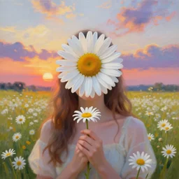 daisy flower for a head, portrait of girl in flower field, holding daisy, surreal photography, sunrise, impressionist painting, colorful clouds, digital painting, artstation, simon stalenhag, flower face
