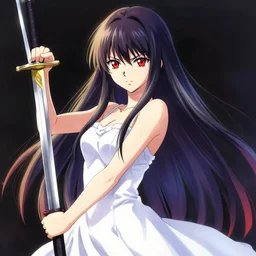 portrait girl in elegant white dress holding a sword, long straight hair, colourful, pretty face, cute face, intimidating expression, red eyes, anime by greg rutkowski rossdraws makoto shinkai, adobe illustrator, trending on pixiv, behance