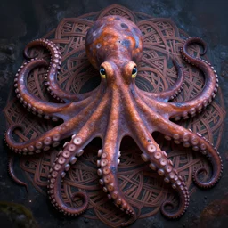 a dramatic and beautiful digital matte painting of large realistic octopus with legs made of fractal celtic knots, trending on cgartist, hi-fructose, mandala,  ultra detailed 8k