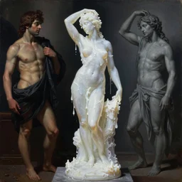 Beautiful full-body wax sculpture of glowing transparent woman covered with melted white candle wax by Nicola Samori, Michelangelo da Caravaggio, Alex Grey and Beksinski, dramatic volumetric lighting, highly detailed oil painting, 8k, masterpiece