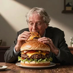 photo of richard stallman trying to eat a giant hamburger