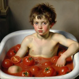 a boy sitting in a tub full of tomato sauce, by giuseppe arcimboldo, renaissance, portrait, fruit, detailed oil paint, high definition