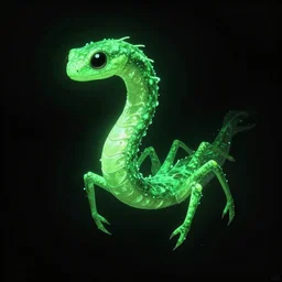 a digital artwork that looks like a strange, otherworldly creature. it has a long, snake - like body with multiple legs, and a head with large, black eyes. the creature is floating in a dark, empty space, and its body is glowing a bright, eerie green