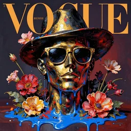 a head made out of melting metal, it is of black and golden and red color, it is wearing sunglasses and a hat, there are flowers all around it, blue paint melting, vogue cover style, greg rutkowski style, demonic style, artgerm style, basquiat style, impasto style