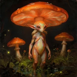 a close - up rococo portrait of a futuristic iridescent mushroom alien elf - like creature standing in water, moss, and swamp. fireflies night time. rich orange colors, high contrast. gloomy, highly detailed 1 8 th century sci - fi fantasy masterpiece painting by jean - honore fragonard, moebius, and johfra bosschart. artstation