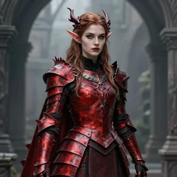 Gothic elf princess in red dragon armor by Konstantin Razumov, a square crop from the body shot with 1:2 aspect ratio, highly detailed, very consistent