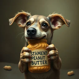 lovecraftian eldrich horror dog holding a jar of sacred peanut butter