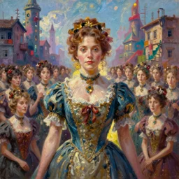 thousands of clones of a Victorian woman, dystopian slums, vibrant, fantasy, trending on art station, oil painting, concept art