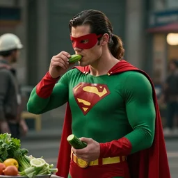 Dramatic lighting, Cinematic street Movie shot, Superlight is a male superhero with lhair in a ponytail , he wears a green hero suit, a red domino mask , red cape, from Planet Verdulion who saves the victims in support of good health, that they should not eat junk food, he uses vegetables such as cucumber