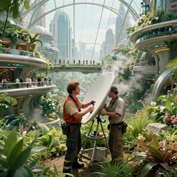 movie still frame, maintenance crew fixing an antena, in a luxurious futuristic city glass dome inside a lush garden, bridges with tourists, beautiful composition, sunny, steam, 8 k, cgi, by ridley scott, james cameron, zack snyder and michael bay