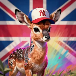 a dik dik monster wearing a baseball hat, has tattoos, uk flag in background, colorful, digital art, fantasy, magic, trending on artstation, ultra detailed, professional illustration by basil gogos