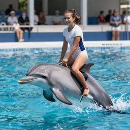 a person riding a dolphin ; 9 0's professional color photograph