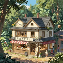 concept art painting of a historic bakery with european and japanese architecture, in a woodland village surrounded by trees, inspired by kiki's delivery service, realistic, detailed, cel shaded, in the style of makoto shinkai and greg rutkowski and james gurney