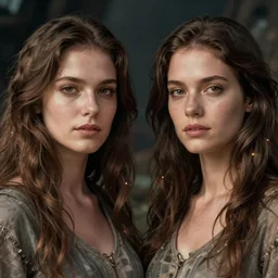 frontal photo portrait of female adult twins in the apocalypse.