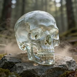 Skull made of glass on a stone in a forest, dusty lighting, hyper realistic, volumetric lighting, octane render