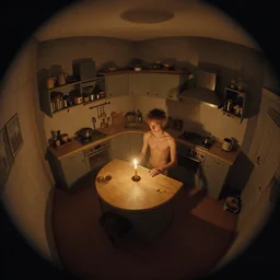 cute solitary kitchen dim lit by a candle ripped physique simon stalenhag gerald brom bastien grivet by greg rutkowski, game background, fisheye lens, high angle view, curved lines