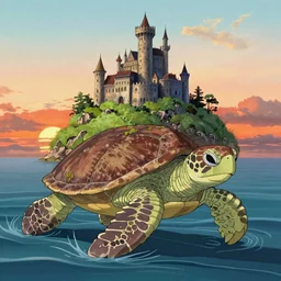 a giant turtle in the ocean whose shell is a grassy island with a giant castle on top, sunset, drawn by hayao miyazaki, hi res, 4k