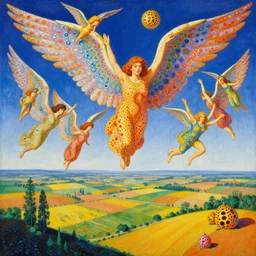 vision of angels - a painting of a group of angels flying above a countryside, their wings creating a beautiful pattern in the sky by yayoi kusama and simon bisley, style of fantastic planet