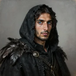 portrait painting of a blue - eyed middle eastern man with shoulder length hair wearing a tattered black cloak with feathers and coat, sharp focus, award - winning, trending on artstation, masterpiece, highly detailed, intricate. art by james ryman