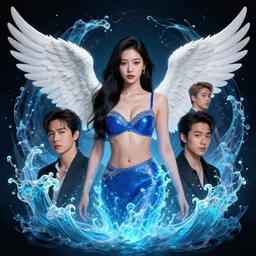 character design by james jean, jakub rebelka, tran nguyen, yoann lossel, wadim kashin ( ( ( portrait of hoyeon jung with white wings in a royal blue chic bra ) ) ) emerging from a bioluminescent wave, sharp edges. ultra clear detailed. 8 k. ultra detailed, majestic, intricate,
