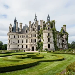 a photo of a castle, half in ruin and half as it was brand new. time magic is at fault. half is new with manicured lawns and the other half is overgrown abandoned and crumbling