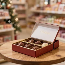 5 5 mm photo, of freshly opened gift box with chocolate by phillip ashley on a wooden table in a candy store. dof. bokeh. christmas magical atmosphere. art by greg rutkowski. highly detailed 8 k. intricate. lifelike. soft light. nikon d 8 5 0.