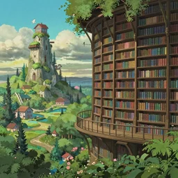 a beautiful surreal and photo-realistic library located at the right of a beautiful enchanted landscape in the style of Hayao Miyazaki.