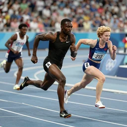 The matrix, LeeLoo, Starship Troopers, Clarice Starling, Sprinters in a race with a clear winner, The Olympics footage, intense moment, cinematic stillframe, shot by Roger Deakins, The fifth element, vintage robotics, formula 1, starring Geena Davis, sports photography, clean lighting