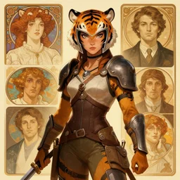 female warrior in furry tiger helmet character. Renowned character illustration by greg rutkowski, thomas kindkade, alphonse mucha, loish, norman rockwell. Trending on artstation.