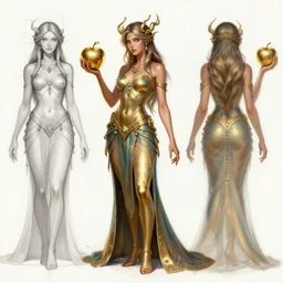 character design turnaround!!! sheet, color concept art, front side back multiview, eris goddess of chaos holding metallic gold metal apple,