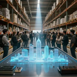 large group people in a huge warehouse, looking at a tabletop skyline hologram | cinematic concept art | godrays | 4 k | clear details | tabletop | tabletop | hologram foreground
