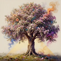 high intricate detailed abstract photo of a prs tree covered in flowers and psychedelic smoke, golden ratio, rule of thirds, elegant, by lea leonowicz, by maks trofimov, by jenny brozek, by johannes wessmark