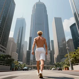 blond man larger than skyscrapers wearing white shorts shirtless walks around the city, ground view, highly detailed, digital art, sharp focus, super realistic, octane render