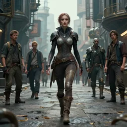 a portrait of an alien women walking down the street of a steampunk city by Greg Rutkowski, Sung Choi, Mitchell Mohrhauser, Maciej Kuciara, Johnson Ting, Maxim Verehin, Peter Konig, final fantasy , mythical, 8k photorealistic, cinematic lighting, HD, high details, atmospheric,