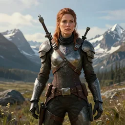 fallout 5, charismatic beautiful armoured rugged brunette female protagonist, portrait, outdoors alaskan wilderness, atmospheric lighting, painted, intricate, volumetric lighting, beautiful, daytime, sunny weather, few clouds, sharp focus, deep colours, ultra detailed, art by krenz cushart and wenjun lin