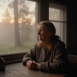 portrait bust of old woman sitting at table, looking outside, tired expression, faded color film, russian cinema, tarkovsky, kodachrome, inside old cabin, next to window, heavy forest outside, long brown hair, old clothing, heavy fog, brown color palette, sunset, low light, hudson river school, 4 k, dramatic lighting, greg rutkowski
