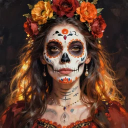 Illustration of a sugar skull day of the dead girl, art by john hoyland