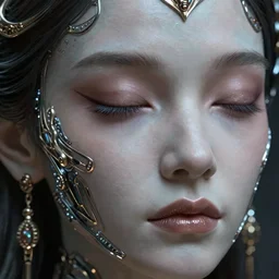 ultra realistic beautiful cyborg deity eyes closed, fantasy, intricate details, movie still, highly detailed, photorealistic, octane render, eerie, 8k, art by artgerm and michael welan